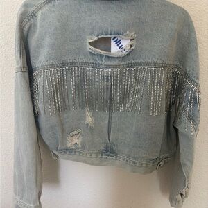Blue Blush Light Wash Distressed Jean Jacket diamond fringe